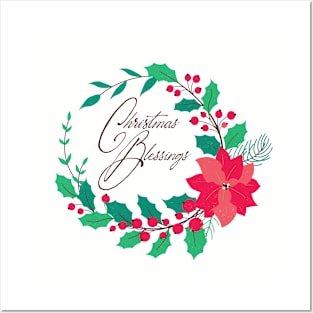 Christmas Blessings Poinsettia and Berry Wreath Posters and Art